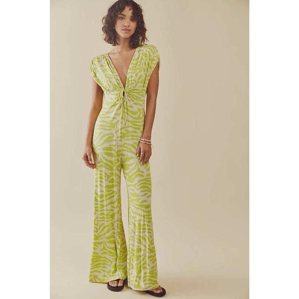 Free People Women's Next Summer Jumpsuit Lime Green Zebra Size Small
